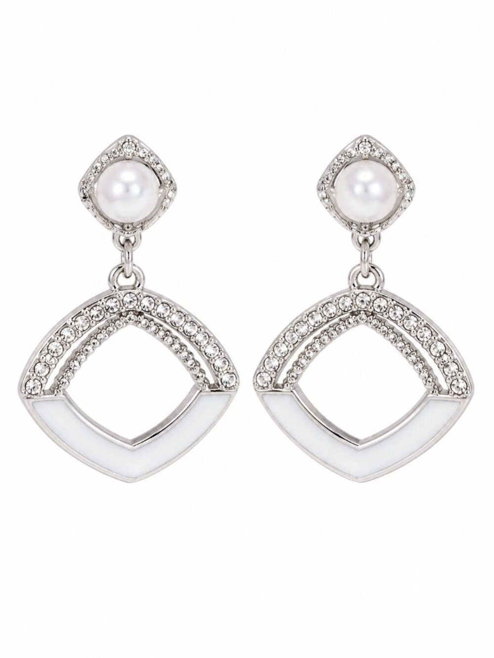 Tuckernuck Silver Pearl Rhinestone Geometric Enamel Drop Earrings - Picture 4 of 5